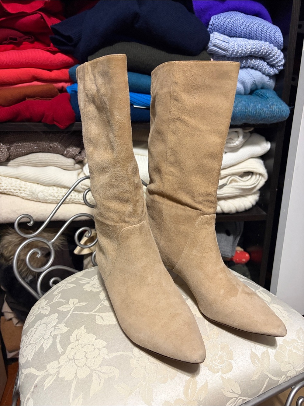 J Crew Beige Suede Pointed-Toe Mid-Calf Boots